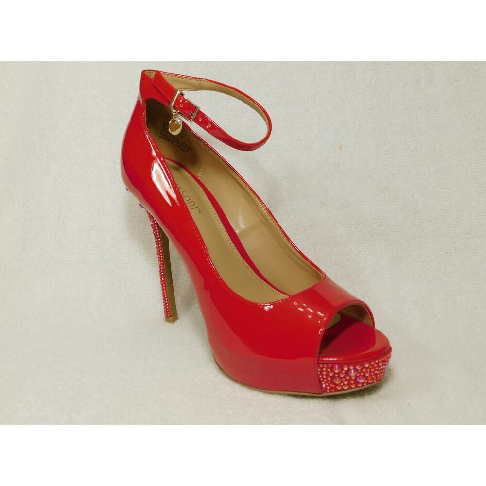 W6843 Thalia Red Sodi Libbie Embellished Ankle-Strap Red Patent Heels Size 6.5 M